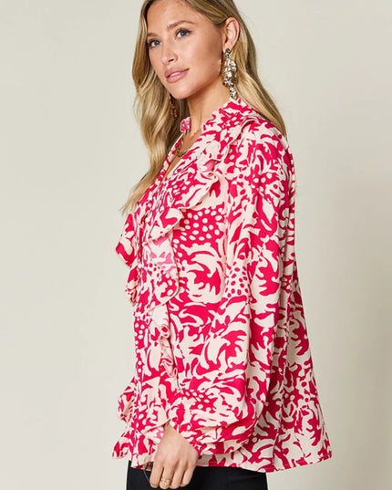 Double Take Full Size Printed Ruffle Trim Balloon Sleeve Shirt