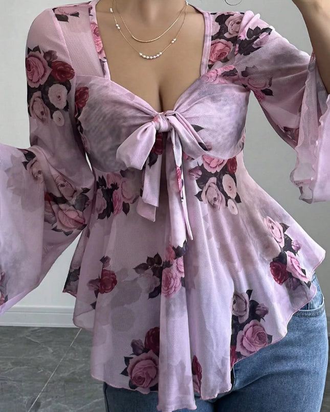 Floral Print Tie Front Flare Sleeve Blouse Pink Purple