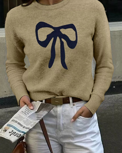 Bow Round Neck Knit Top Tan