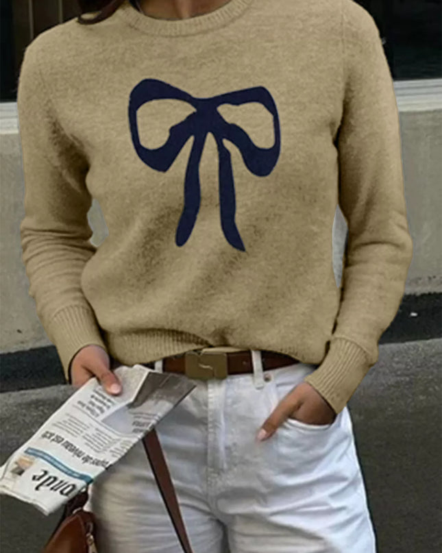 Bow Round Neck Knit Top Tan