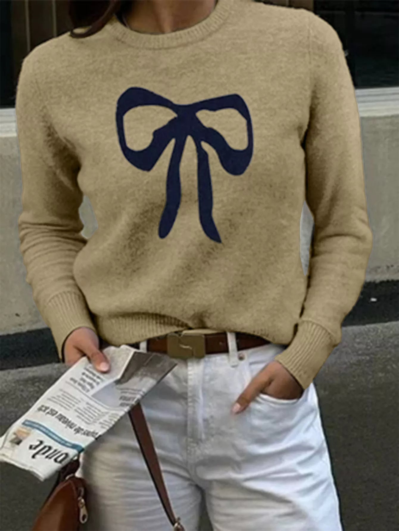 Bow Round Neck Knit Top Tan