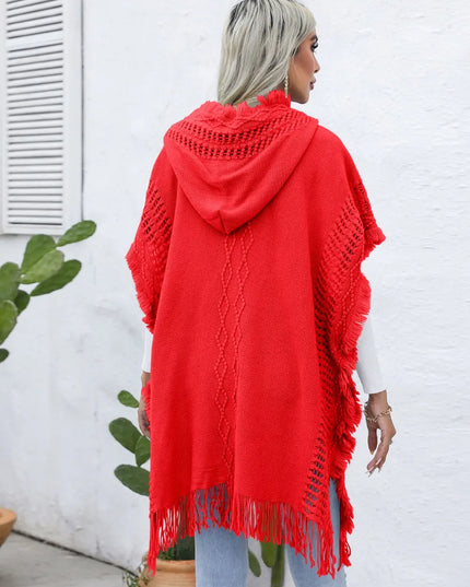 Fringe Trim Buttoned Hooded Poncho