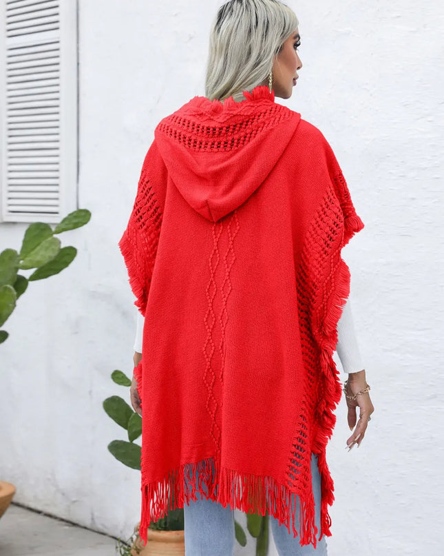 Fringe Trim Buttoned Hooded Poncho