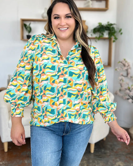 Double Take Full Size Printed Smocked Long Sleeve Blouse