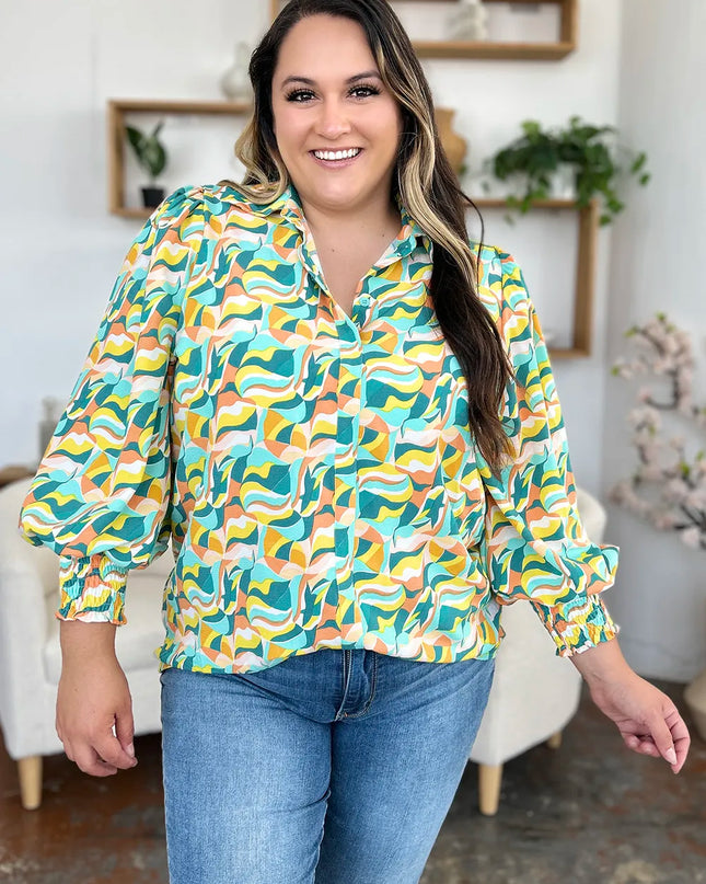 Double Take Full Size Printed Smocked Long Sleeve Blouse