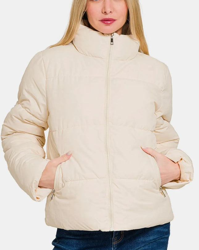 Zenana Zip Up Turtleneck Puffer Jacket with Pockets Cream