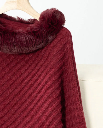 Fuzzy Trim Texture Three-Quarter Sleeve Poncho