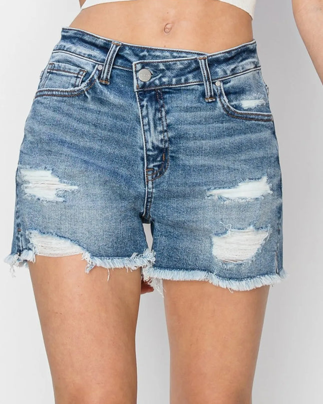 RISEN Stepped Waist Frayed Denim Shorts 