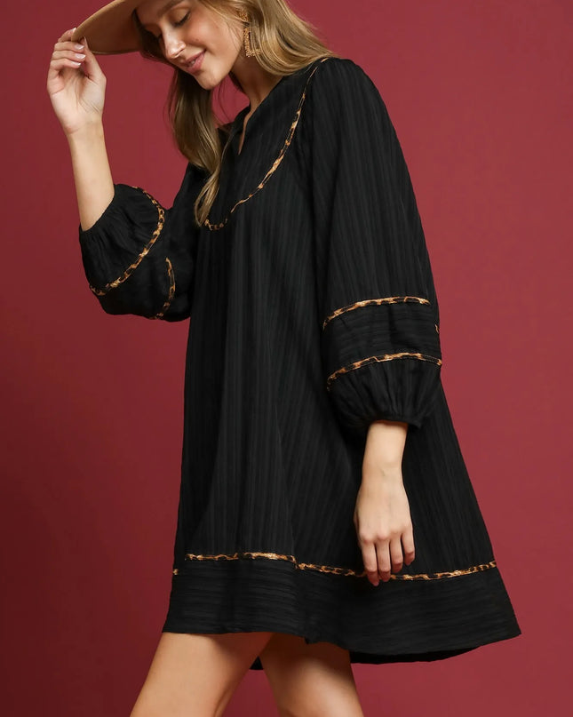 Umgee Full Size Textured Babydoll Dress with Leopard Trim Plus Size