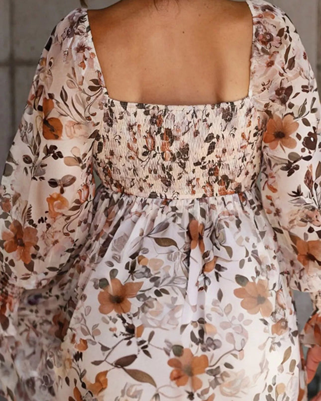 Floral Print Sweetheart Neck Long Sleeve High Waist Mini Dress