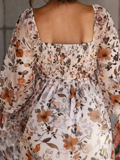 Floral Print Sweetheart Neck Long Sleeve High Waist Mini Dress