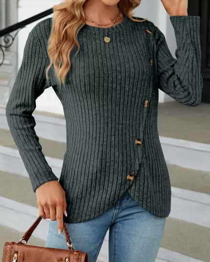 Ribbed Knit Decor Button T-Shirt Army Green