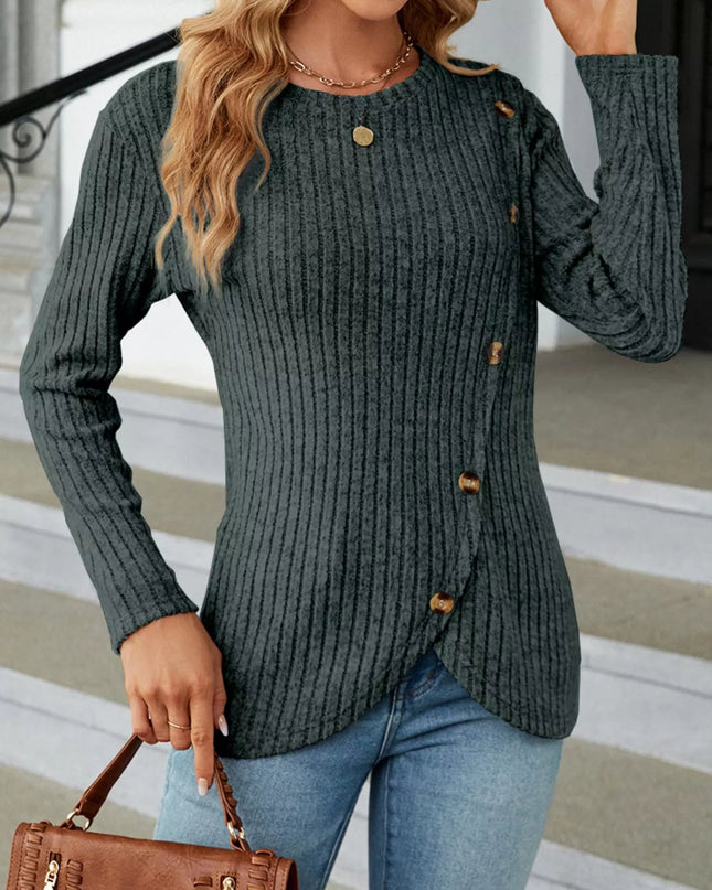 Ribbed Knit Decor Button T-Shirt Army Green