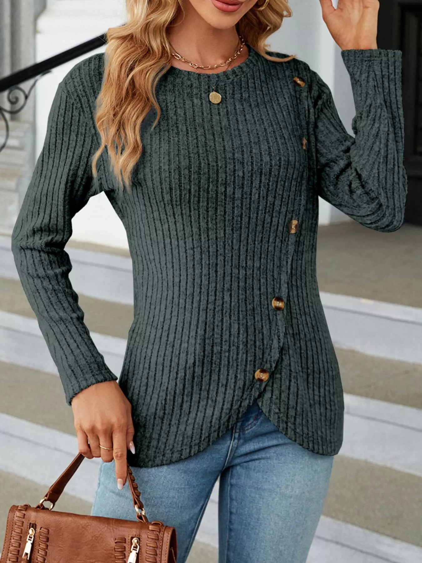 Ribbed Knit Decor Button T-Shirt Army Green