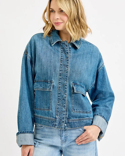 RISEN Oversized Cargo Pocket Denim Jacket with Cuffed Sleeves