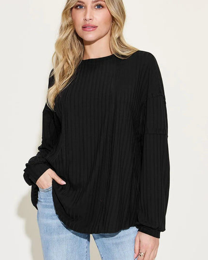 Basic Bae Full Size Ribbed Round Neck Long Sleeve T-Shirt Black