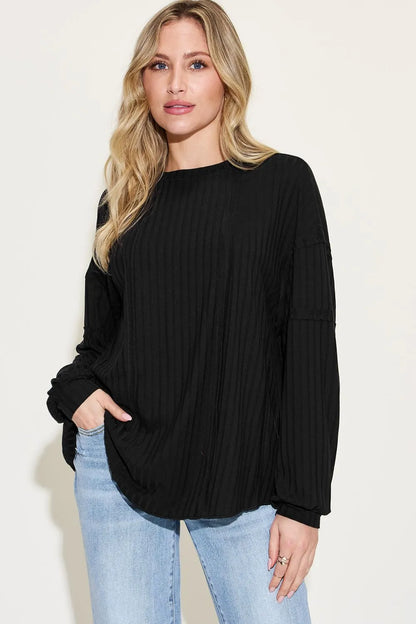 Basic Bae Full Size Ribbed Round Neck Long Sleeve T-Shirt Black