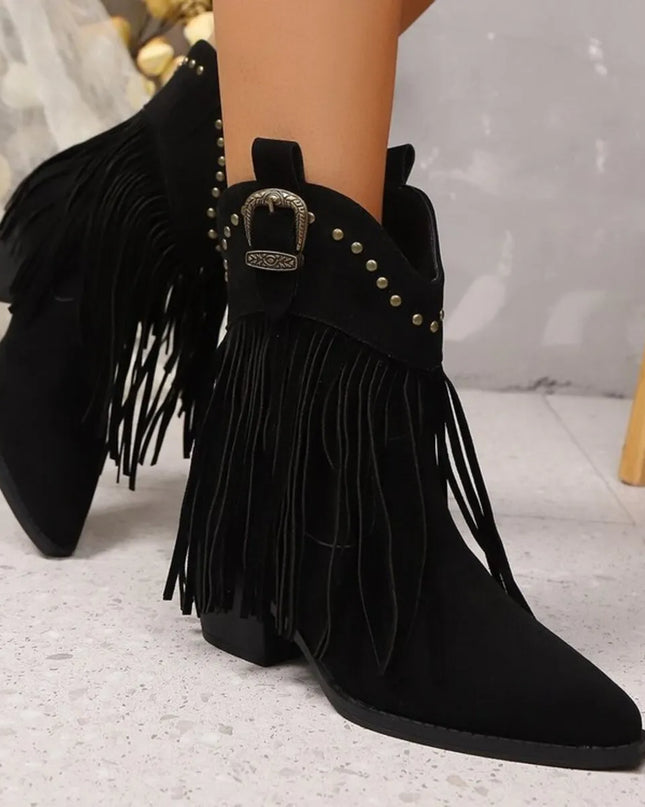 Fringe Point Toe Block Heels Boots
