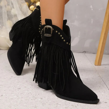 Fringe Point Toe Block Heels Boots