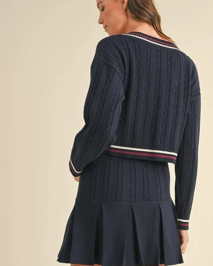MABLE Cable-Knit Top and Pleated Skirt Sweater Set