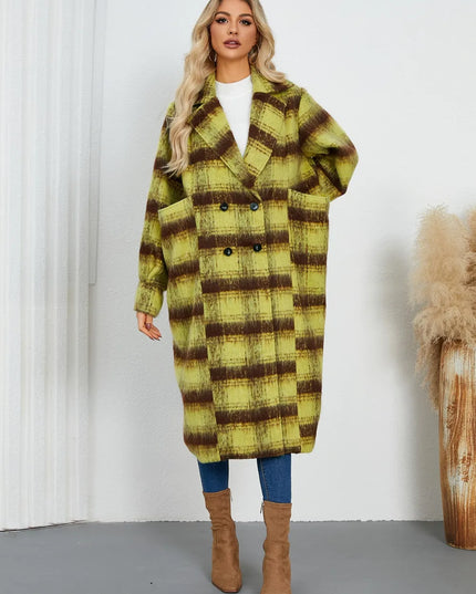 Contrast Double-Breasted Long Sleeve Longline Coat Lime