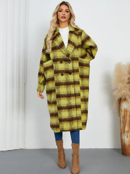 Contrast Double-Breasted Long Sleeve Longline Coat Lime