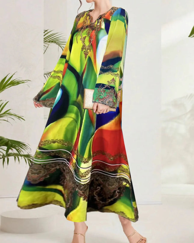 Multi-Color Abstract Print Notched Maxi Dress