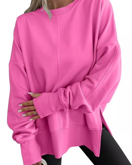 Side Slit Round Neck Long Sleeve Sweatshirt Pink