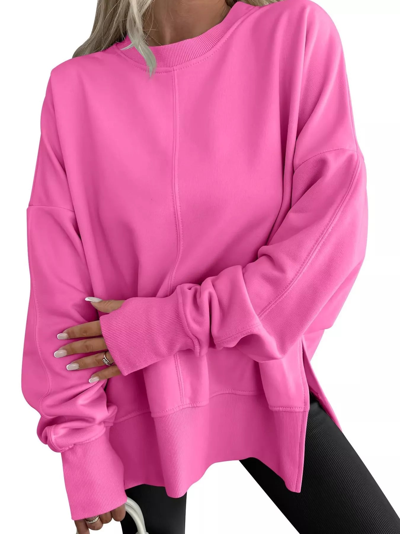 Side Slit Round Neck Long Sleeve Sweatshirt Pink