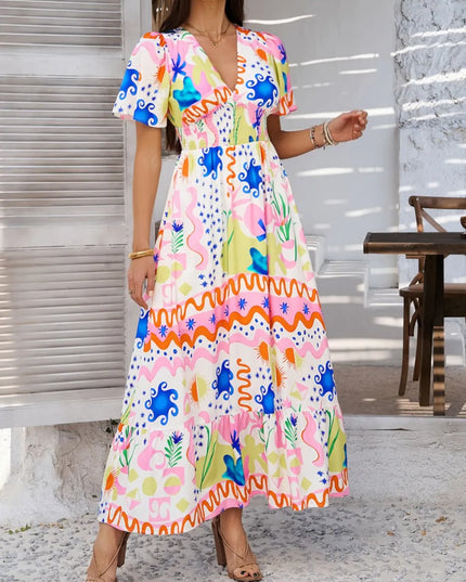 Devine Smocked Printed V-Neck Short Sleeve Maxi Dress Multicolor