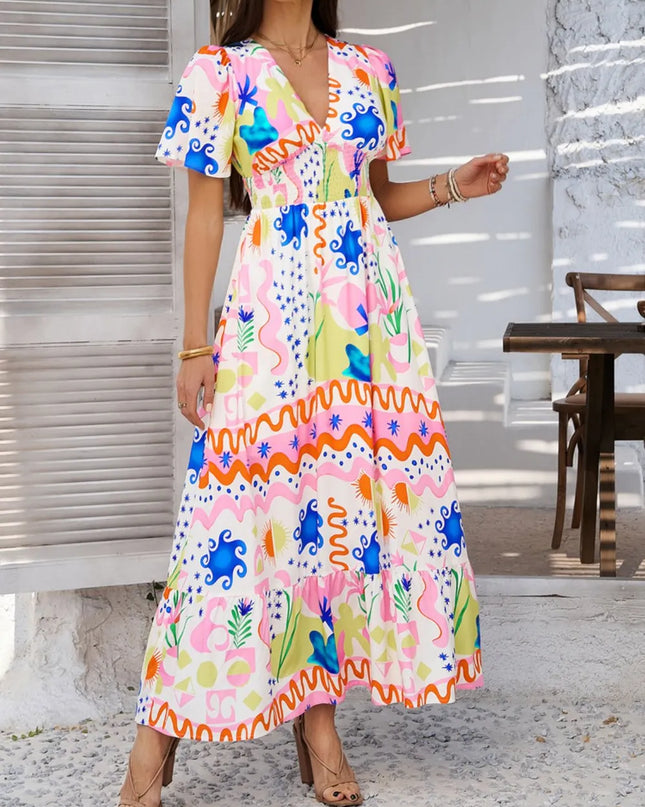 Devine Smocked Printed V-Neck Short Sleeve Maxi Dress Multicolor