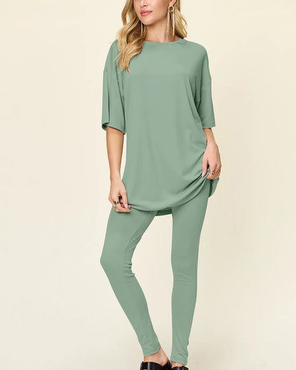 Double Take Full Size Round Neck Dropped Shoulder T-Shirt and Leggings Set Light Green
