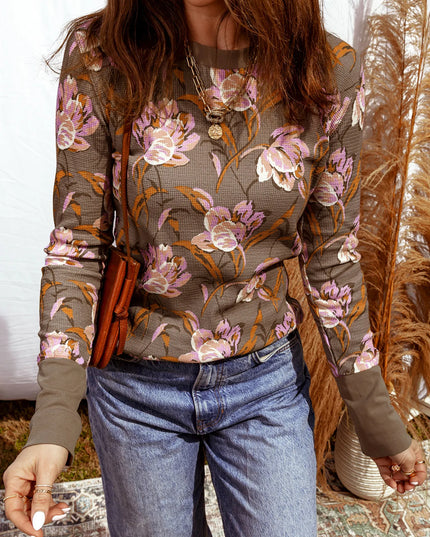 Floral Print Waffle Textured Long Sleeve Top