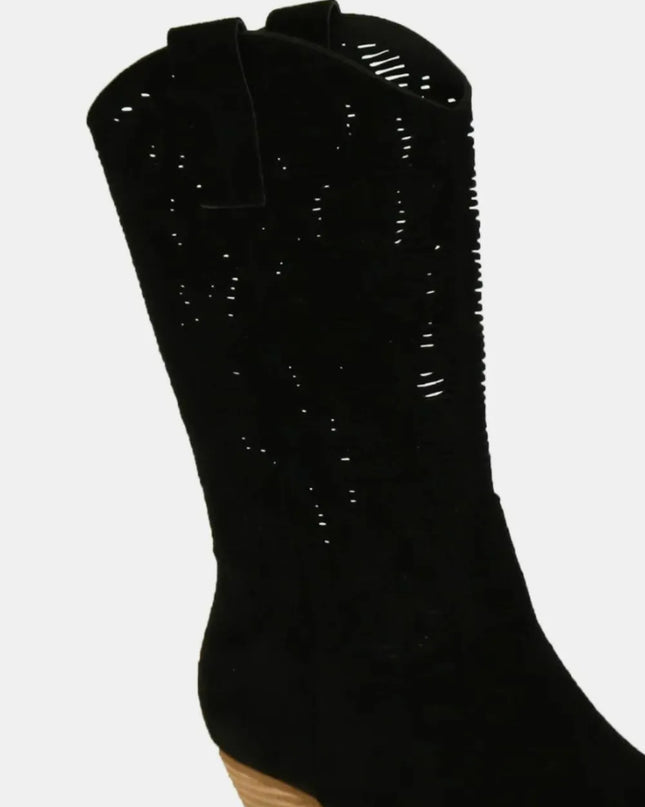 Beast Fashion Faux Suede Laser Cut Detail Block Heel Boots