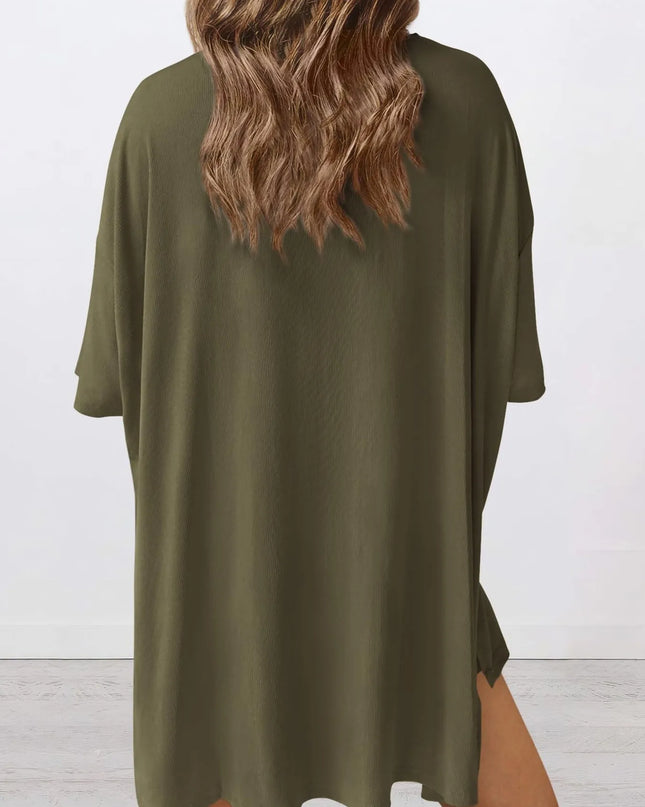 Full Size Oversized Slit Round Neck Top and Shorts Lounge Set Plus Size 