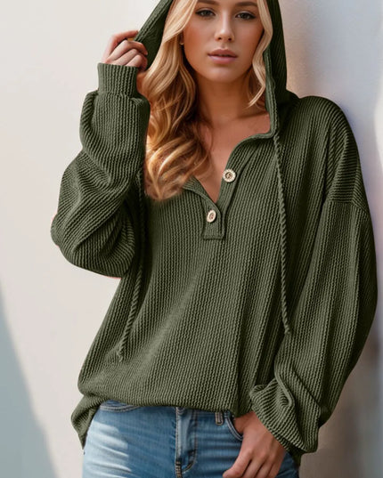Double Take Full Size Half Button Long Sleeve Hoodie Moss