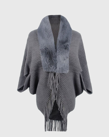 Open Front Fringe Hem Poncho Charcoal One Size