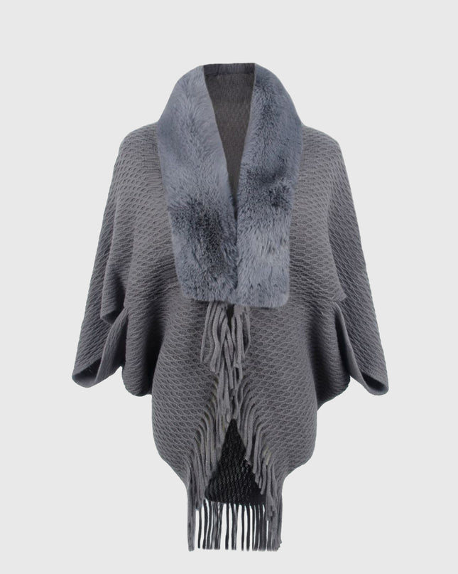 Open Front Fringe Hem Poncho Charcoal One Size
