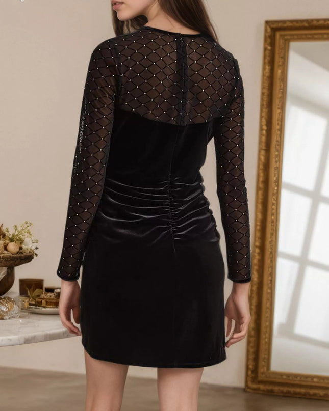 Sparkle Mesh Sleeve Velvet Christmas Party Mini Dress