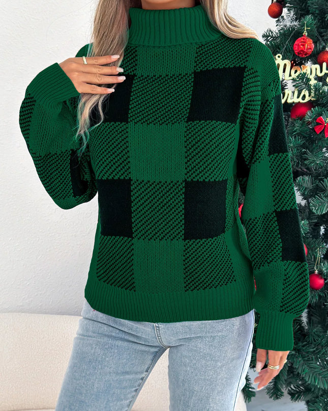 Christmas Plaid Long Sleeve Turtleneck Sweater