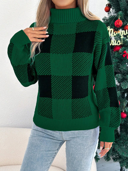 Christmas Plaid Long Sleeve Turtleneck Sweater