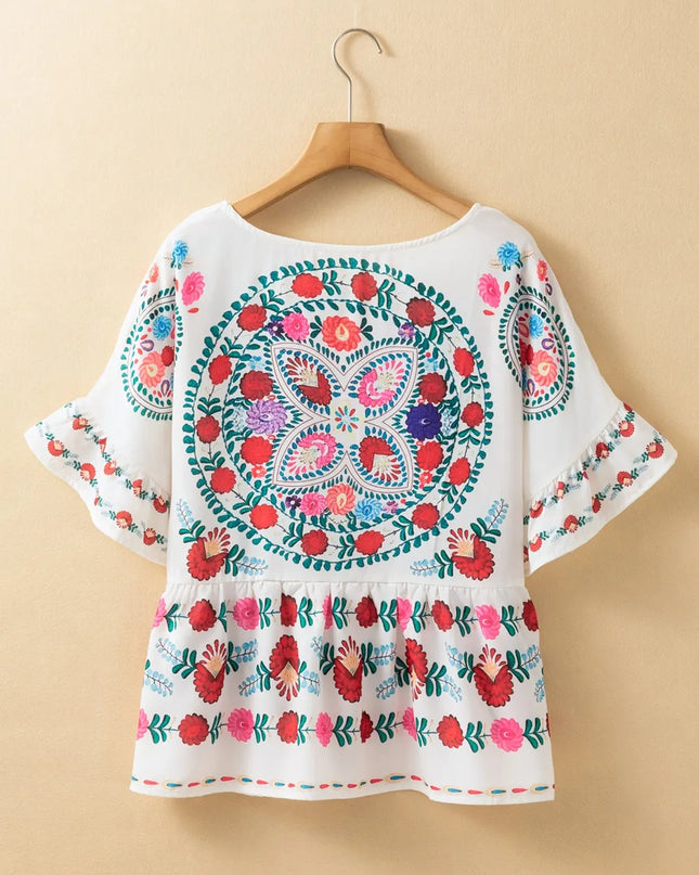 Floral Print Round Neck Ruffle Trim Blouse