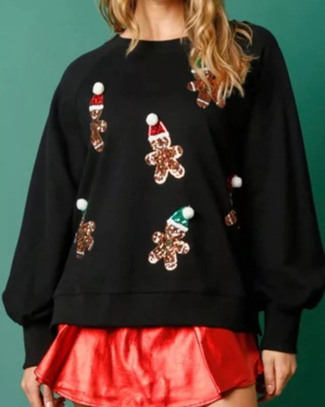 Christmas Sequin Gingerbread Round Neck Sweatshirt