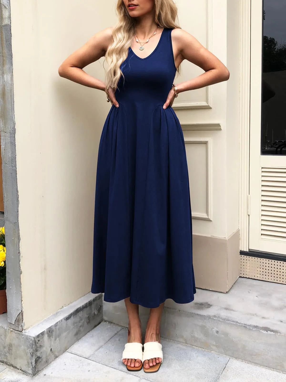 V-Neck Midi Tank Dress Navy Blue