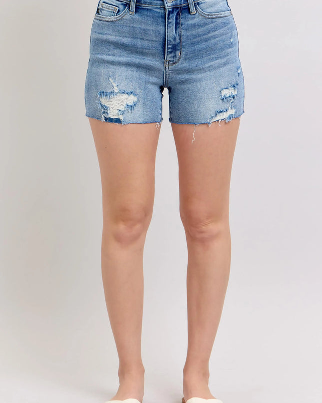Judy Blue Full Size High Waist Denim Shorts W/stitch Over Destroy Detail Plus Size 