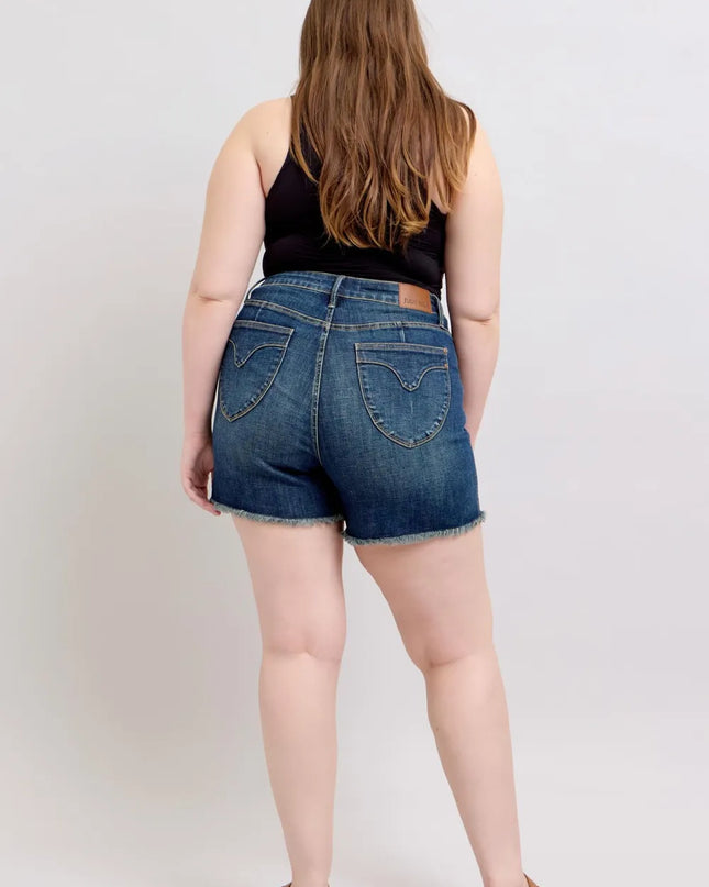 Judy Blue Tummy Control Fray Hem & Shield Back Pockets Denim Shorts