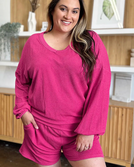 Double Take Full Size Texture V-Neck Long Sleeve T-Shirt and Shorts Set