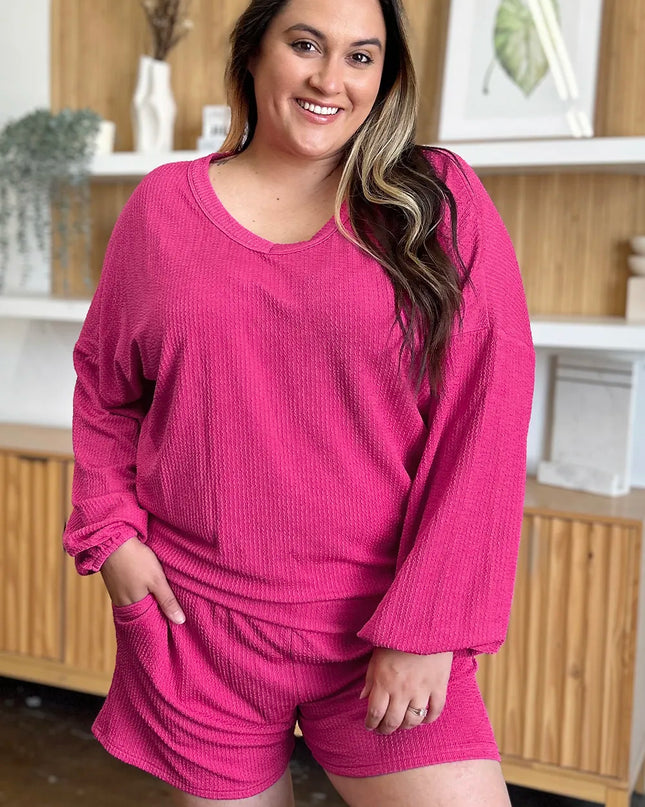 Double Take Full Size Texture V-Neck Long Sleeve T-Shirt and Shorts Set