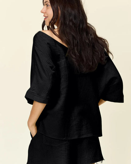 Double Take Texture Half Sleeve T-Shirt and Drawstring Shorts Set