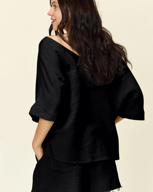 Double Take Texture Half Sleeve T-Shirt and Drawstring Shorts Set